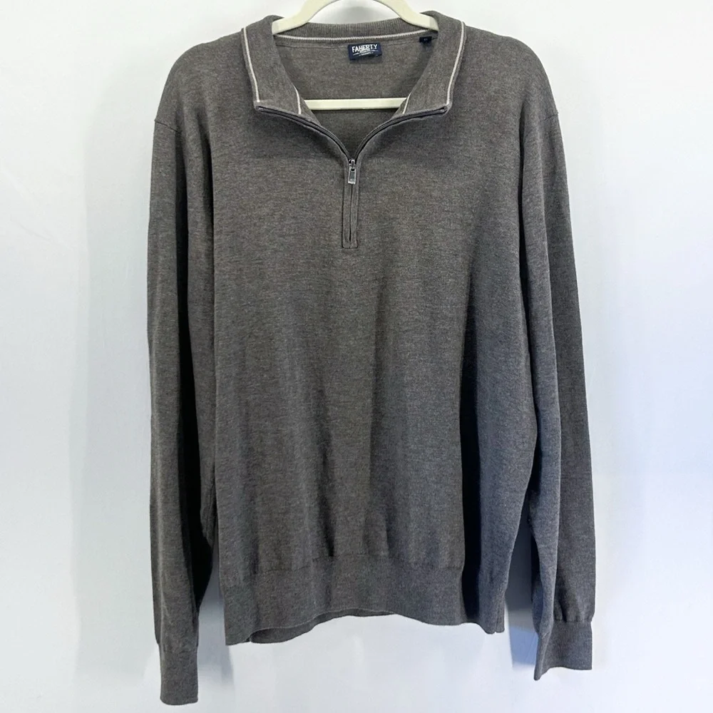 Faherty Men’s Reserve Brown Quarter Zip Sweater Cotton Coolmax X-Large